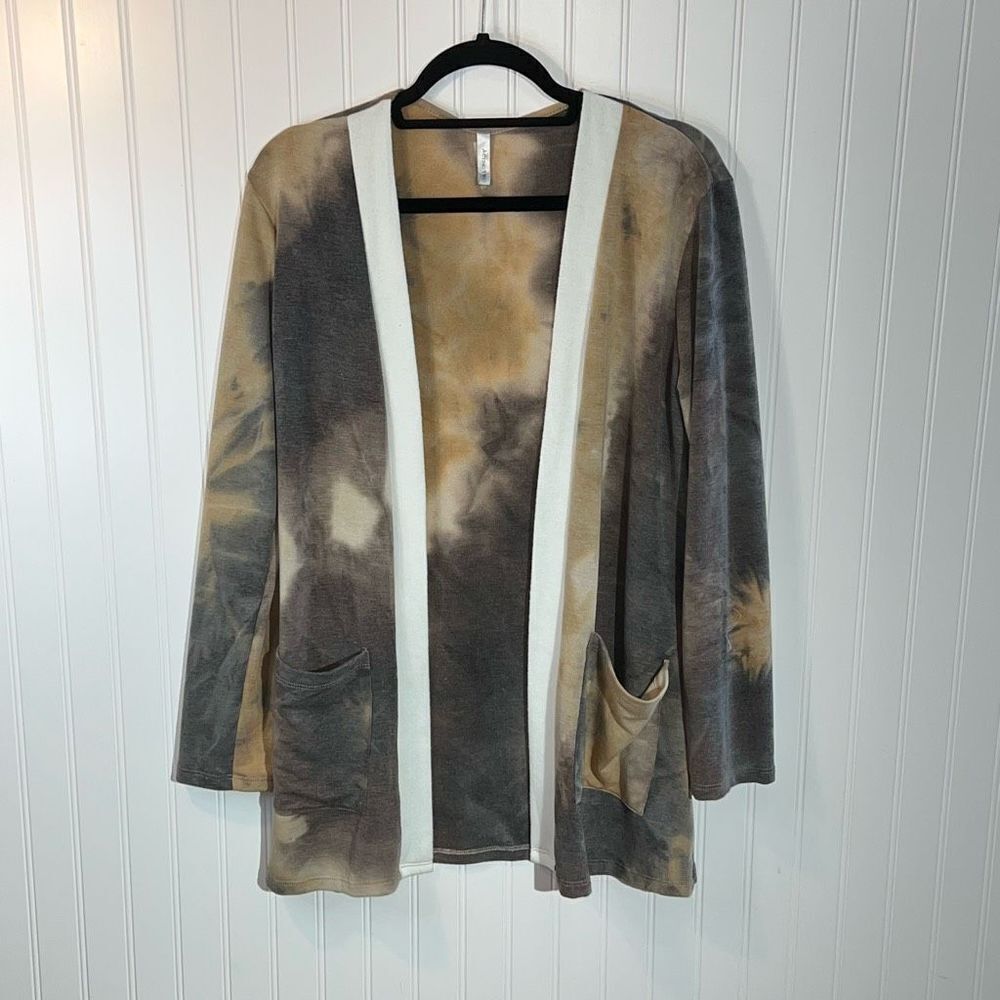 Open Front Tie Dyed Cardigan With Cream Trim Women Medium Brown Classic Workwear